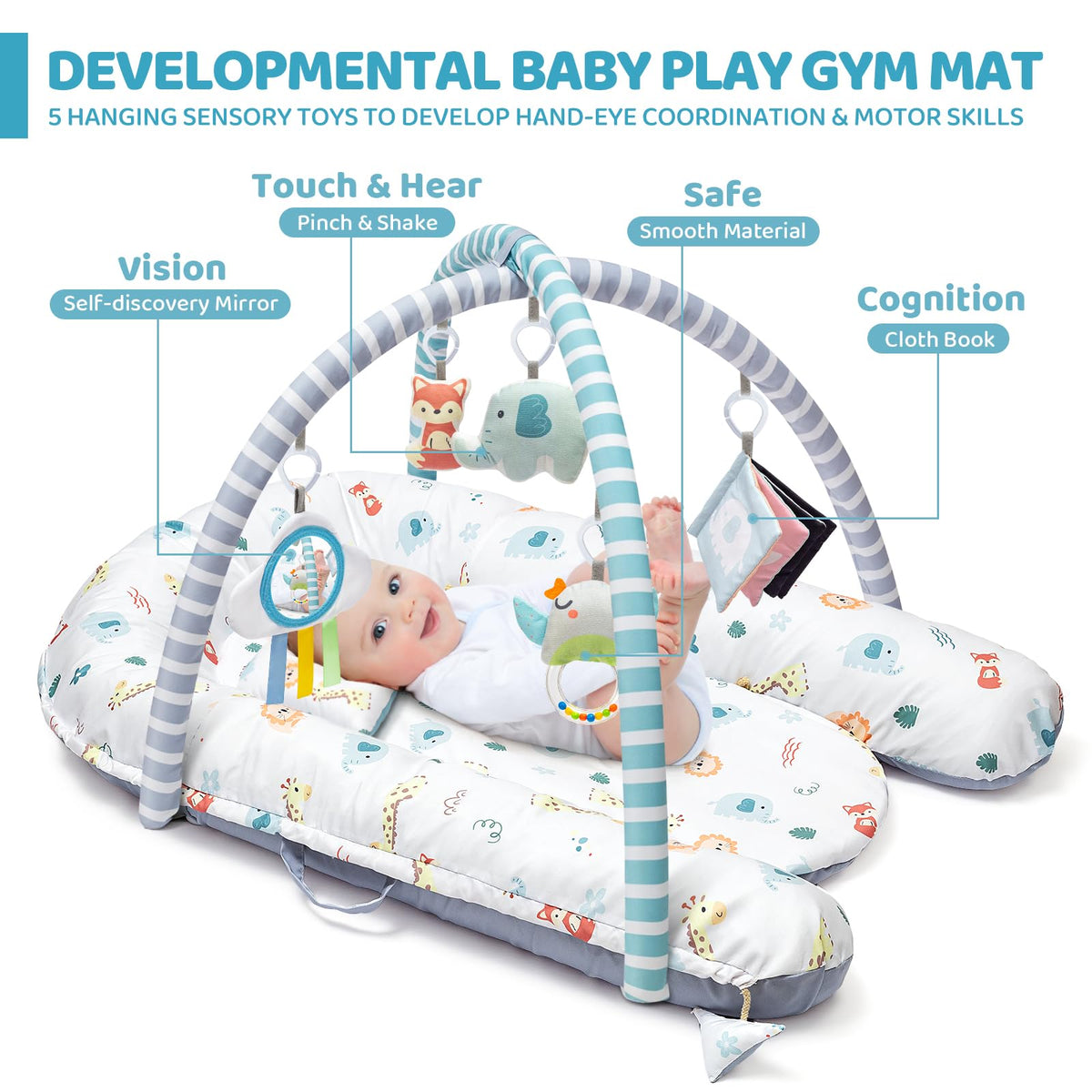 Jyusmile 7-In-1 Infant Gym Play Mat angled view highlighting the protective U-shaped bumper sides.