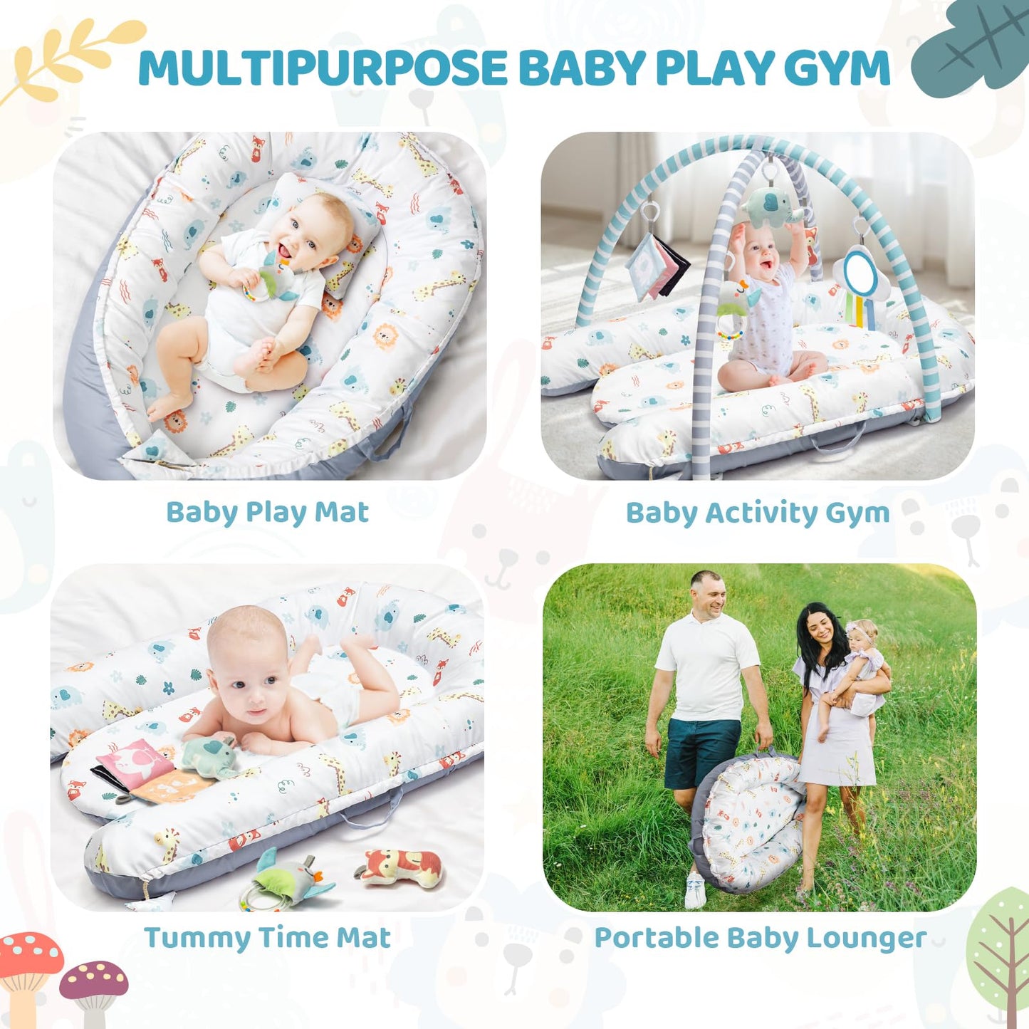 Detailed view of hanging sensory toys on gym mat
