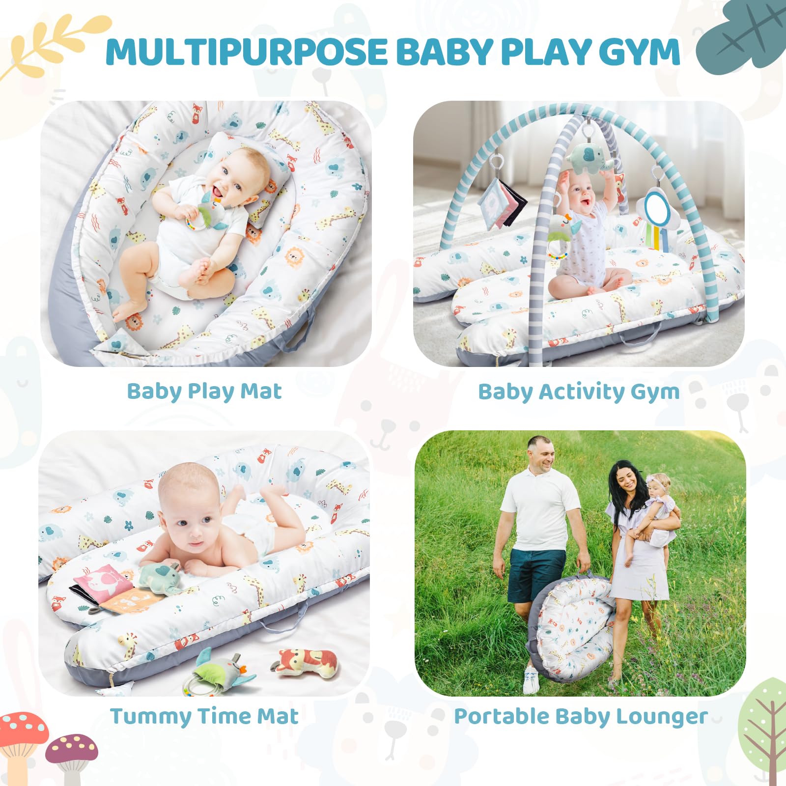 Detailed view of hanging sensory toys on gym mat