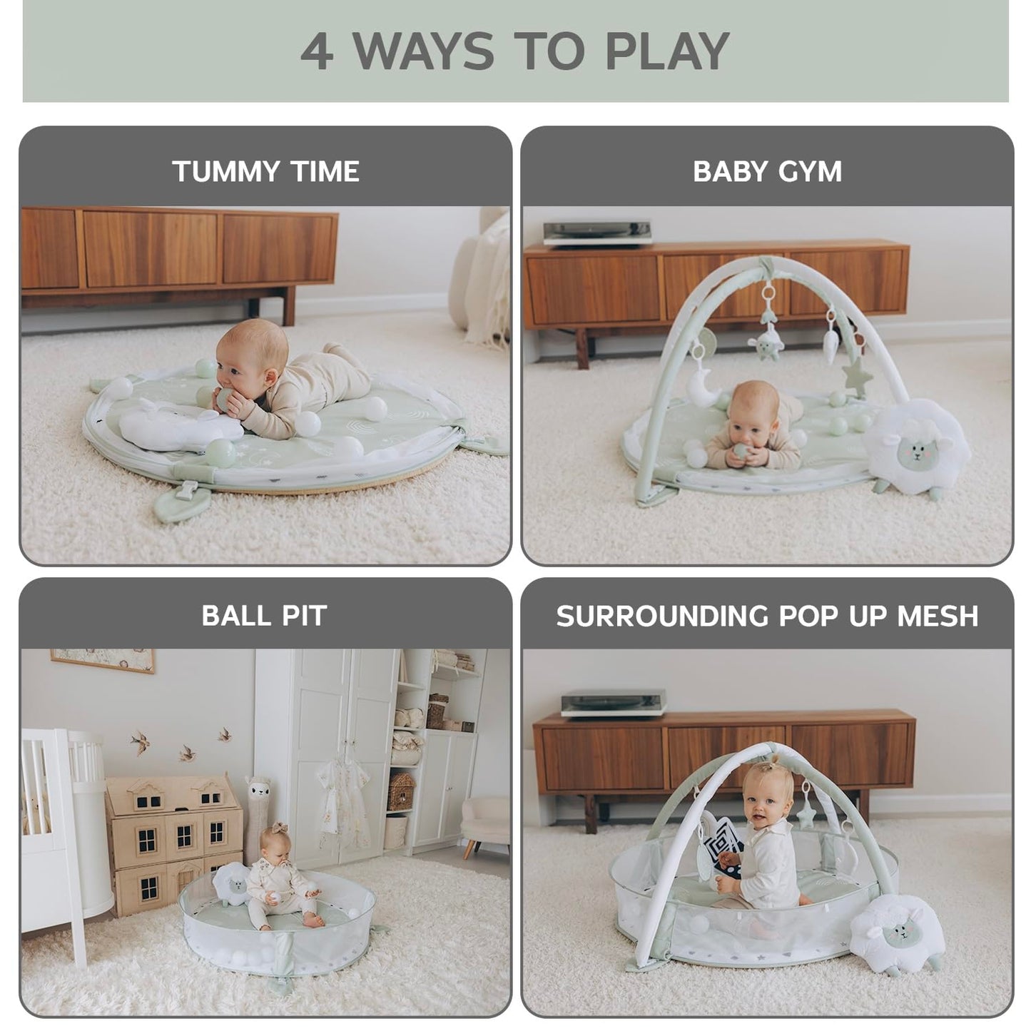 Baby playing in Aila+Aiden sage activity gym and ball pit