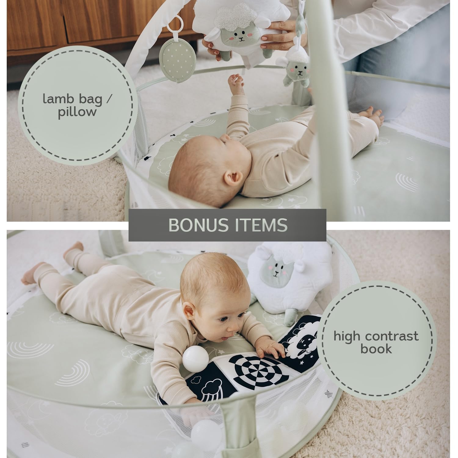 Top view of Aila+Aiden baby play mat with mesh fence walls