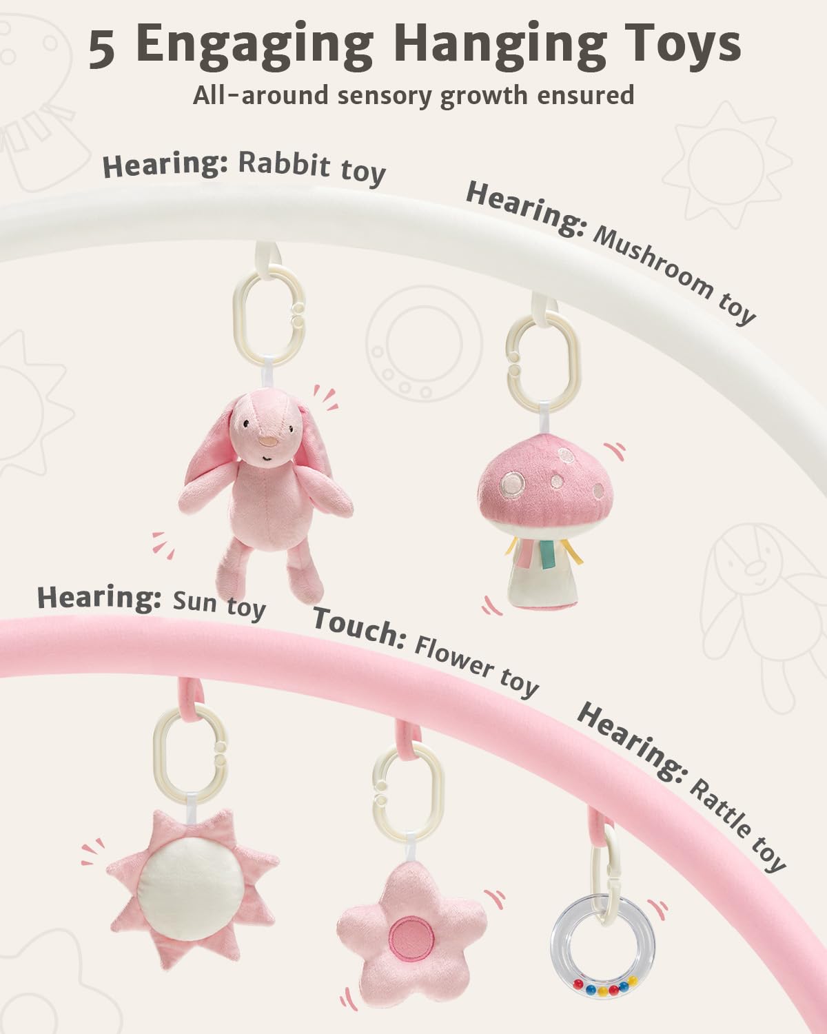 Detachable sensory toys included with the Suihuooo activity gym