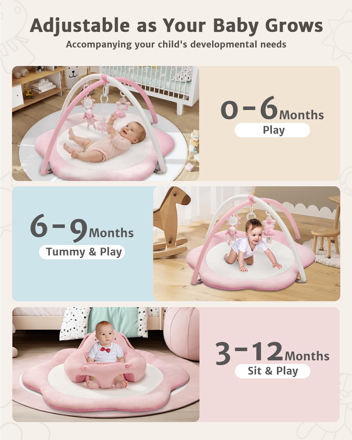 Baby using the flower-shaped play mat for tummy time