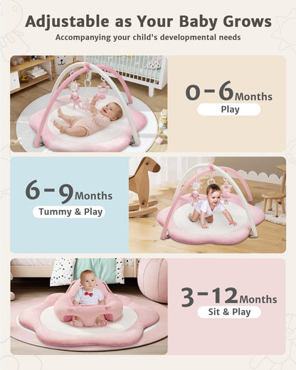 Baby using the flower-shaped play mat for tummy time