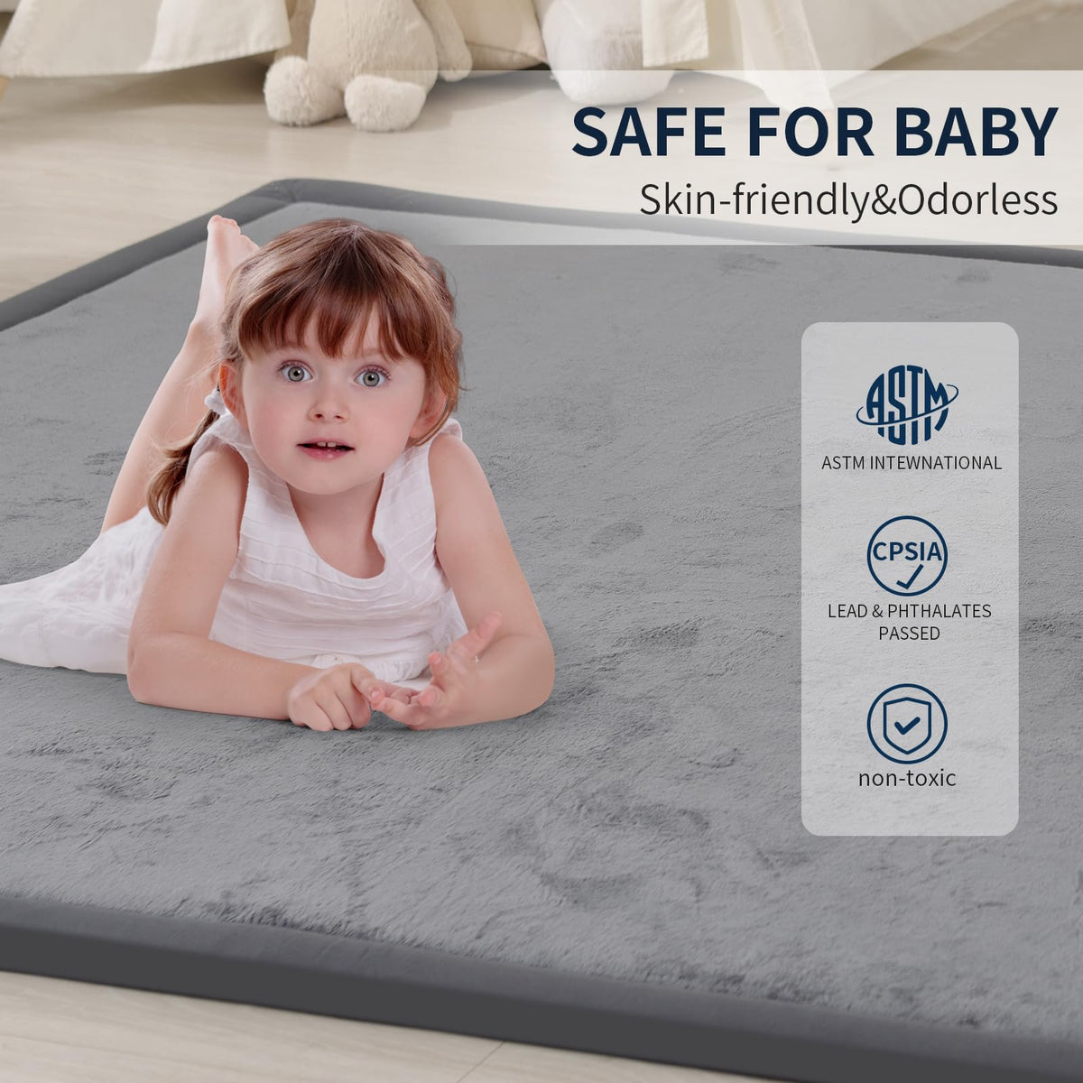 Acomopack crawling mat close up highlighting 1.3 inch thick memory foam profile