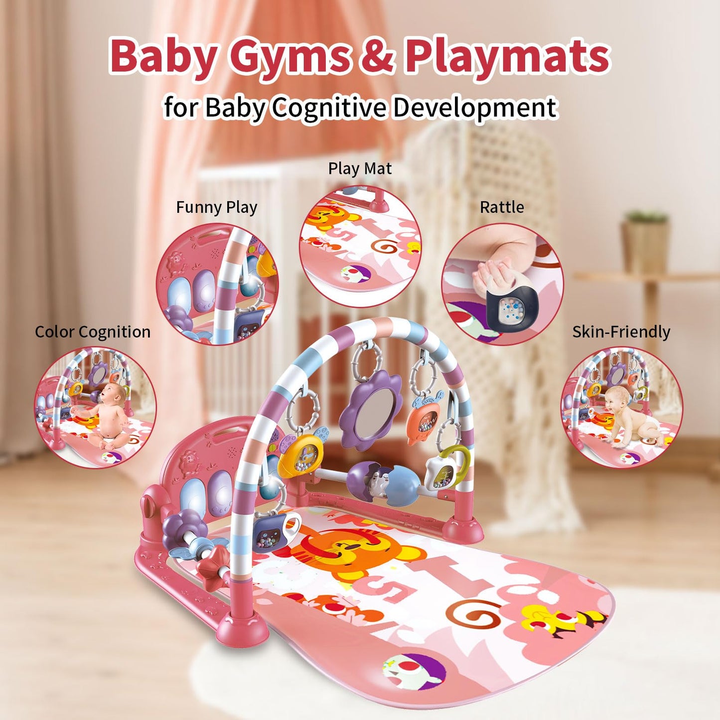 Newborn baby lying on Derimkcoa musical activity gym