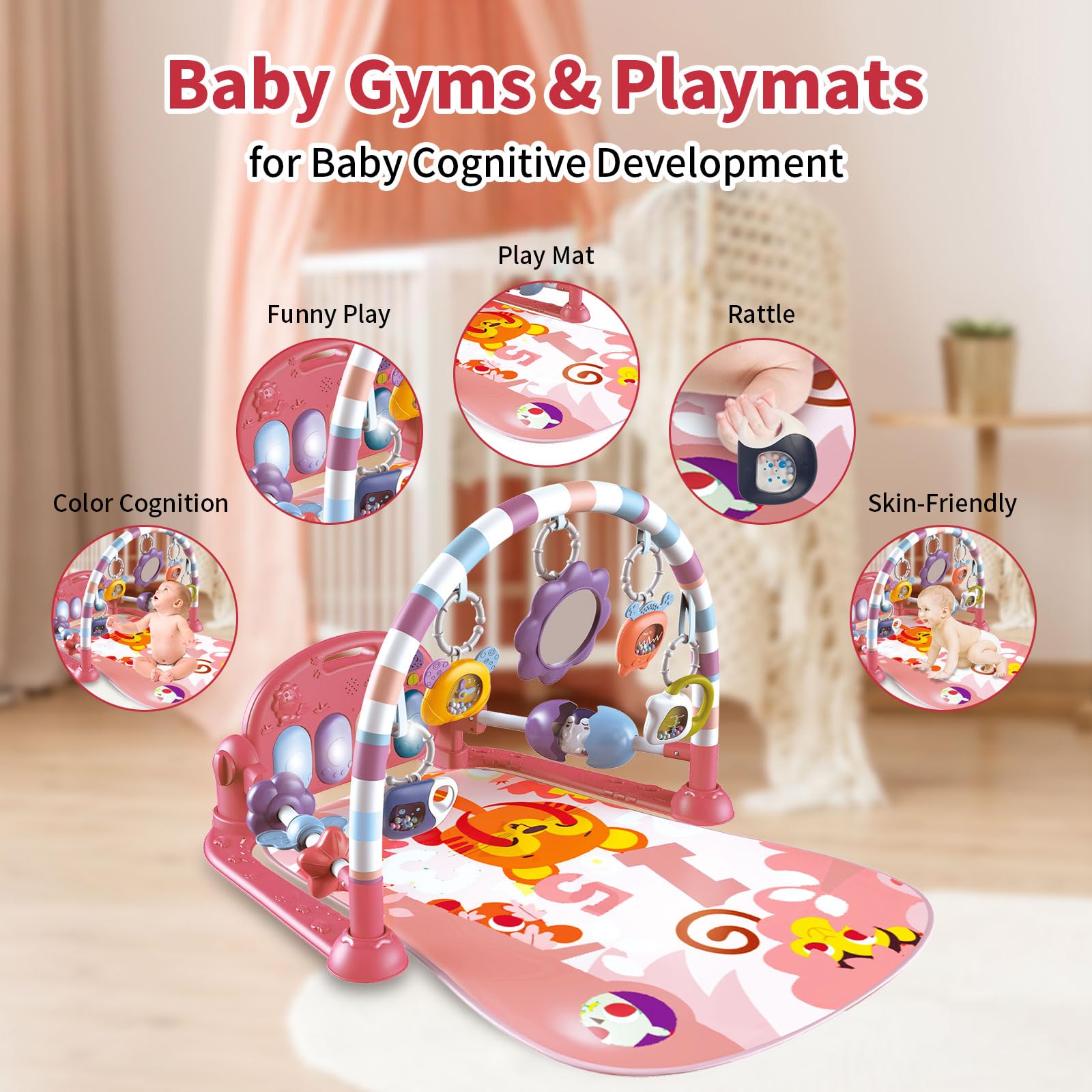 Newborn baby lying on Derimkcoa musical activity gym