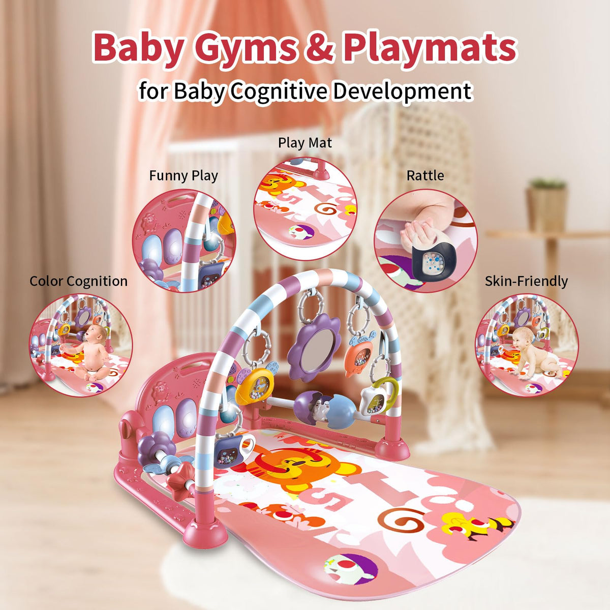 Derimkcoa Baby Gym Play Mat overhead view with hanging sensory toys