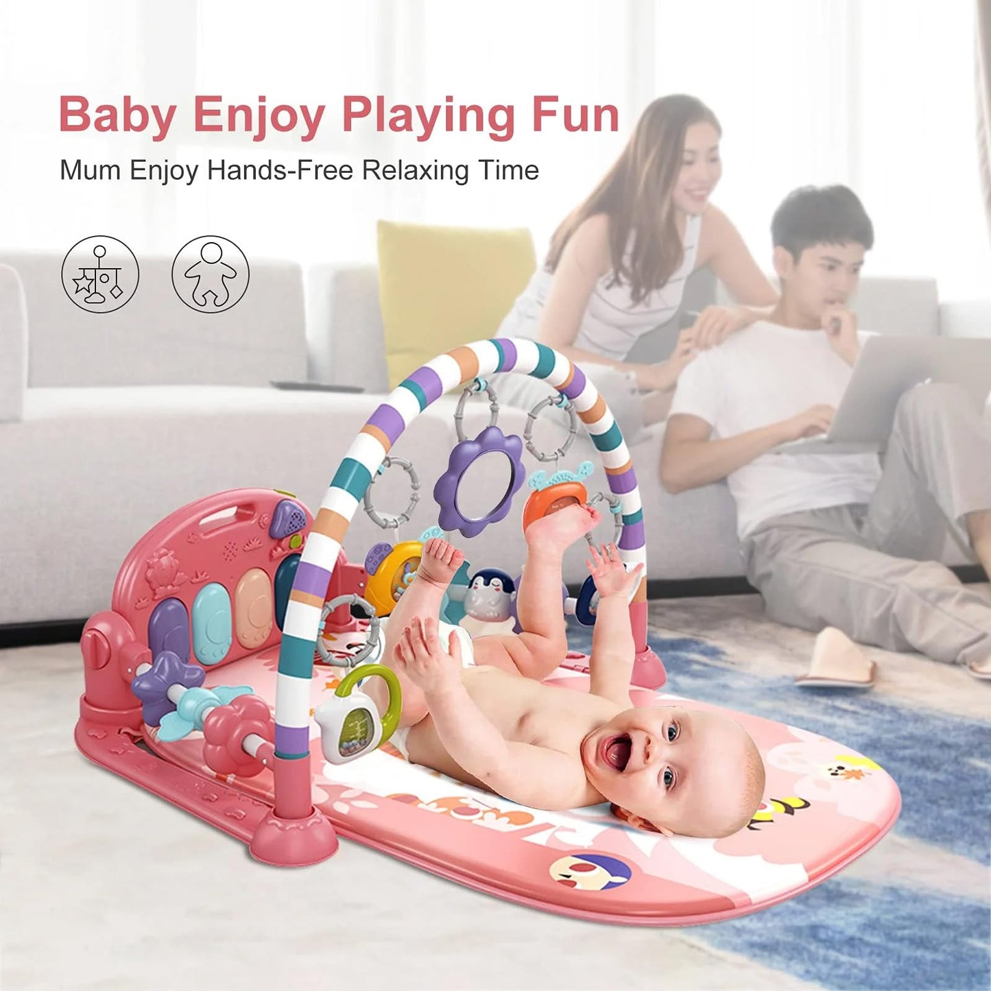 Top view of pink baby tummy time play mat for infants