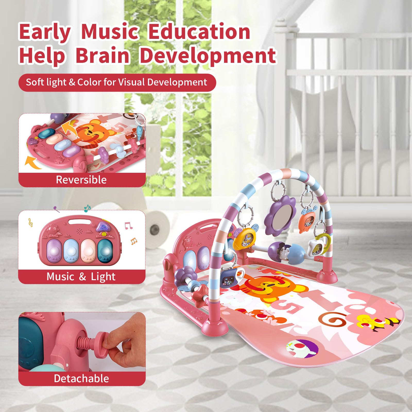 Baby interacting with light up piano on activity center