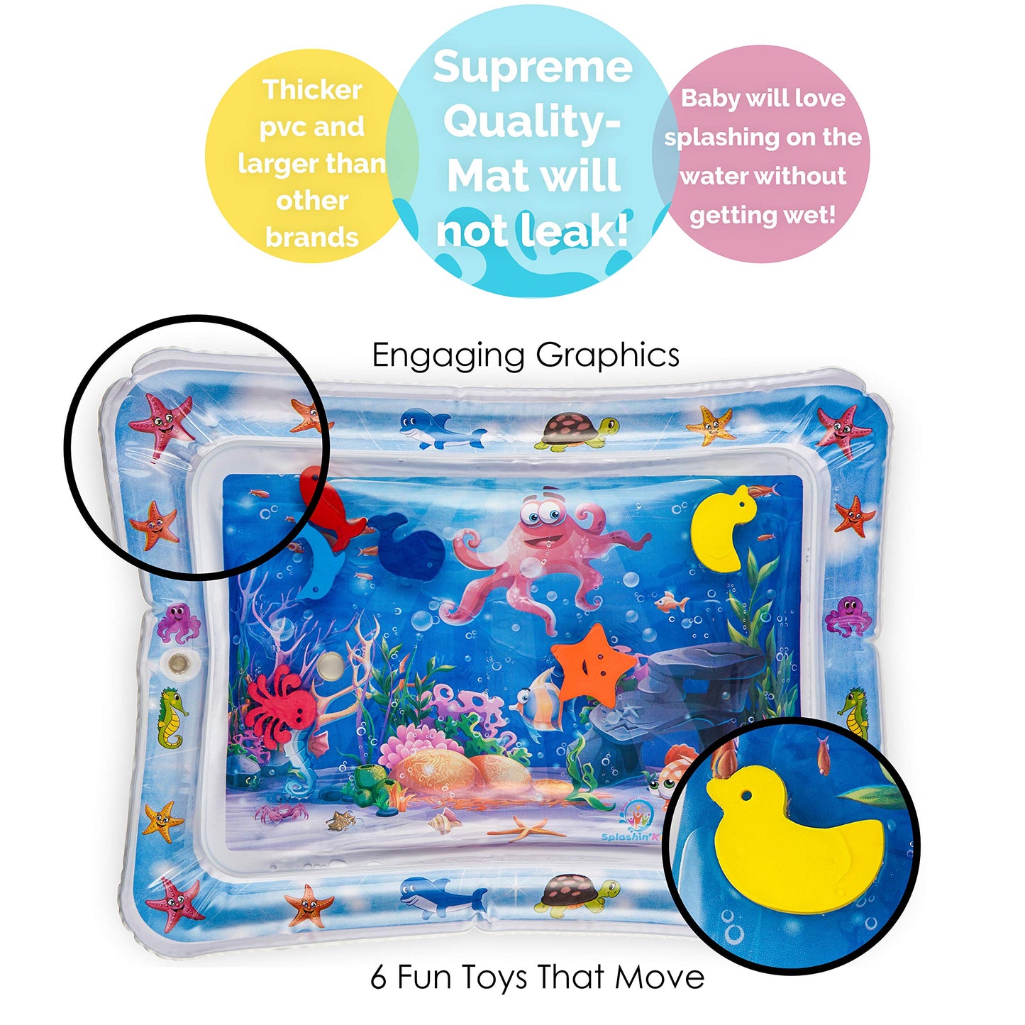 Infant pushing up on a colorful Splashin'kids baby playmat demonstrating early neck and shoulder muscle coordination exercises.