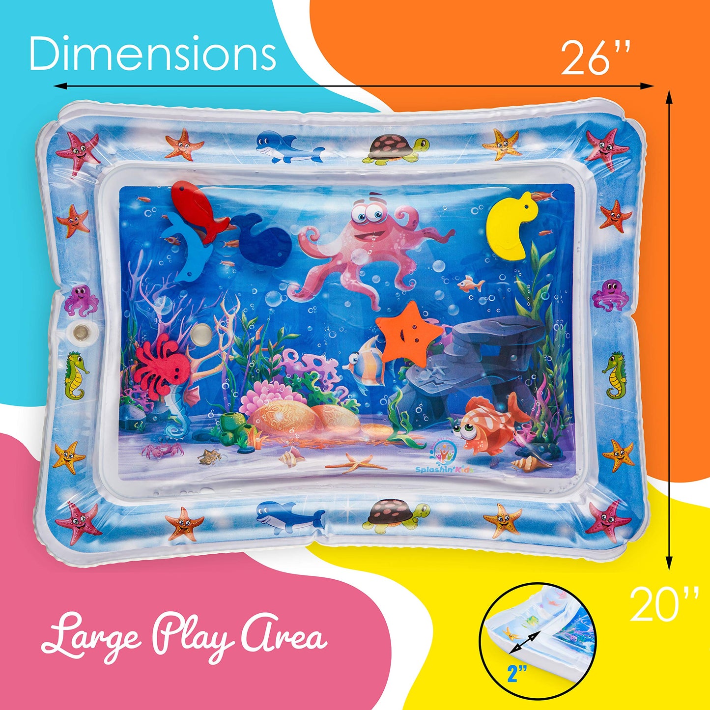 Toddler sitting on a multicolor fish tank theme water mat pointing at the floating marine animals inside the clear central window.
