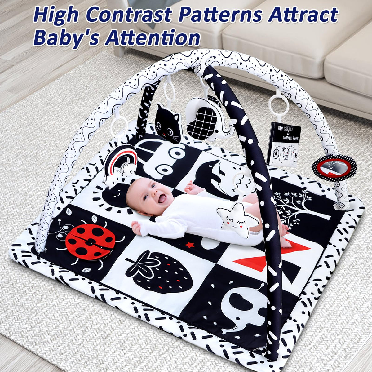 Poycuna baby gym play mat high contrast patterns for newborn visual development