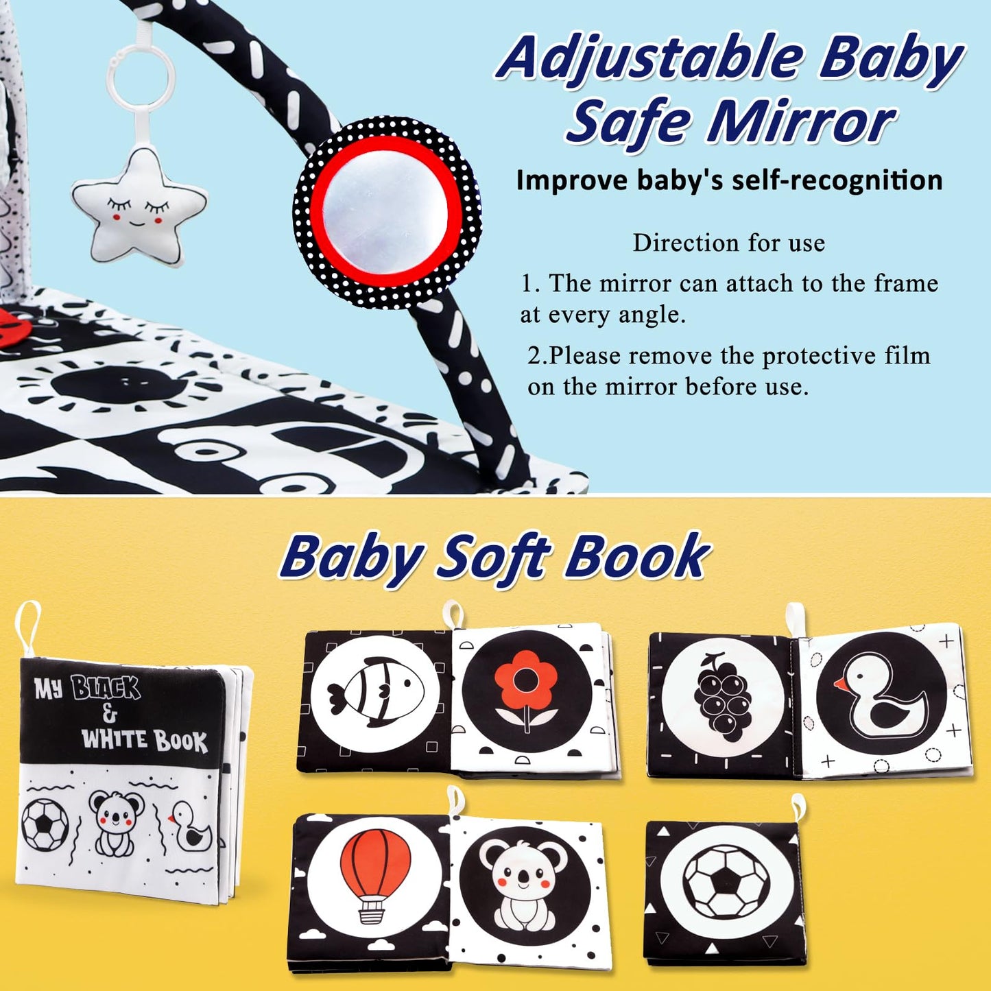 Top down view of baby engaging with black and white high contrast patterns