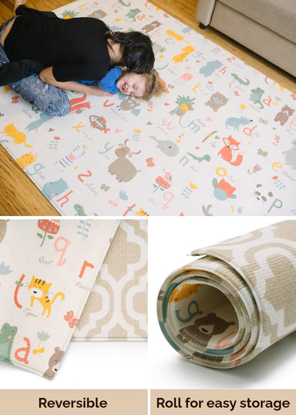 Infant crawling comfortably on the large Baby Care Moroccan pattern mat