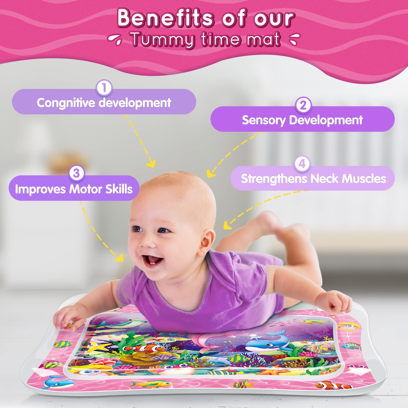 Inflatable infant play mat featuring swimming turtle and fish floating shapes inside the water chamber
