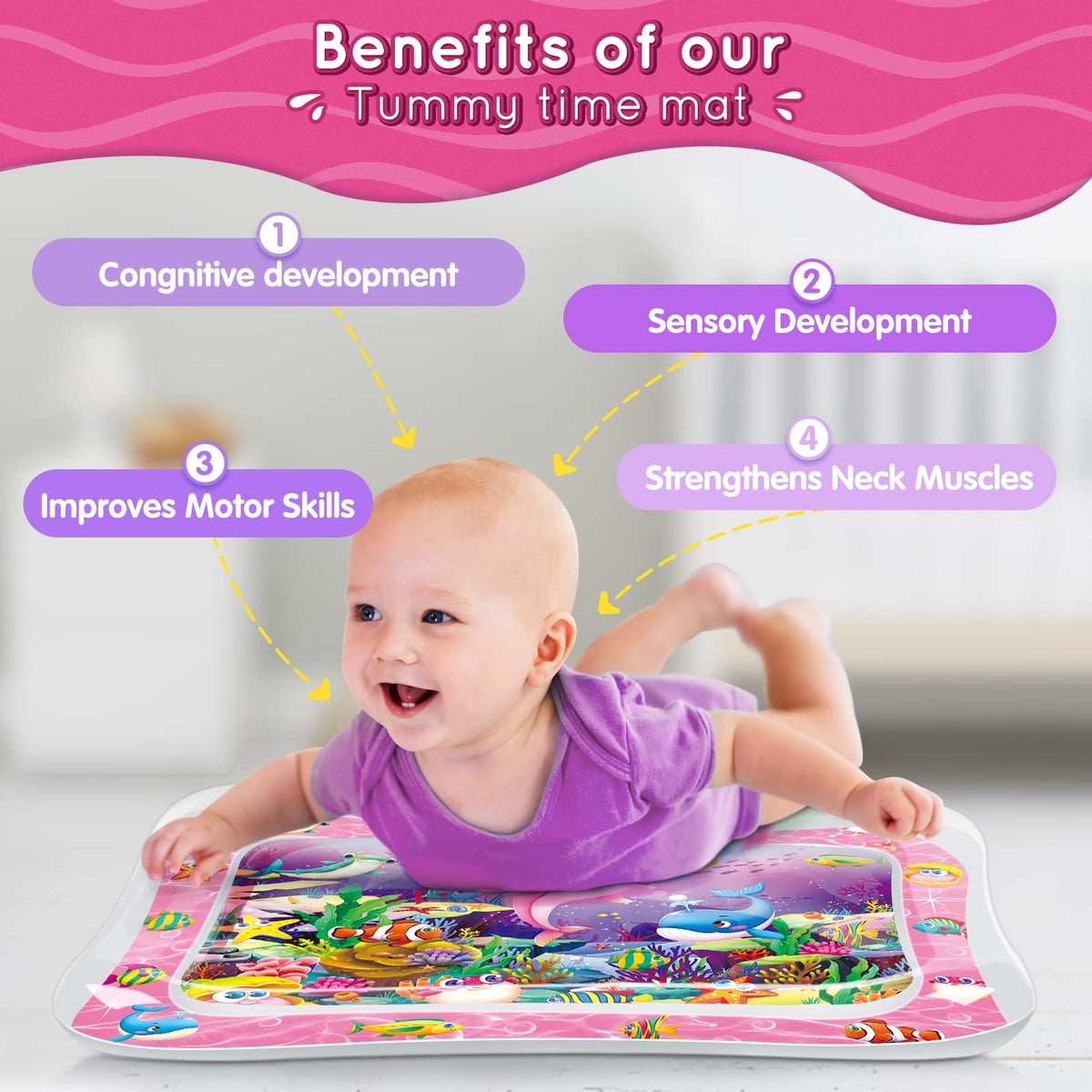 Infinno pink infant water mat with floating sea animals