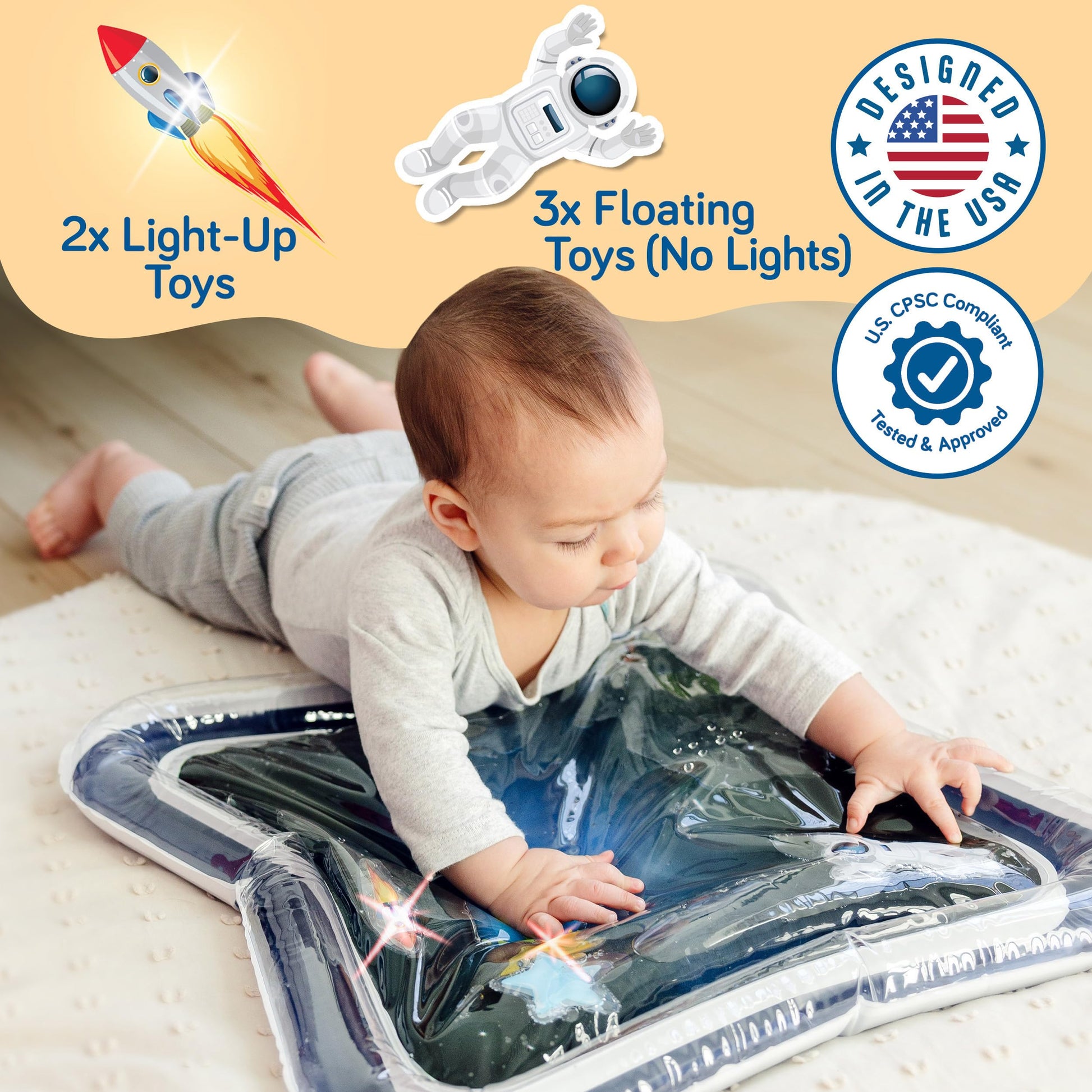 Baby playing on SplashEZ inflatable sensory water mat.