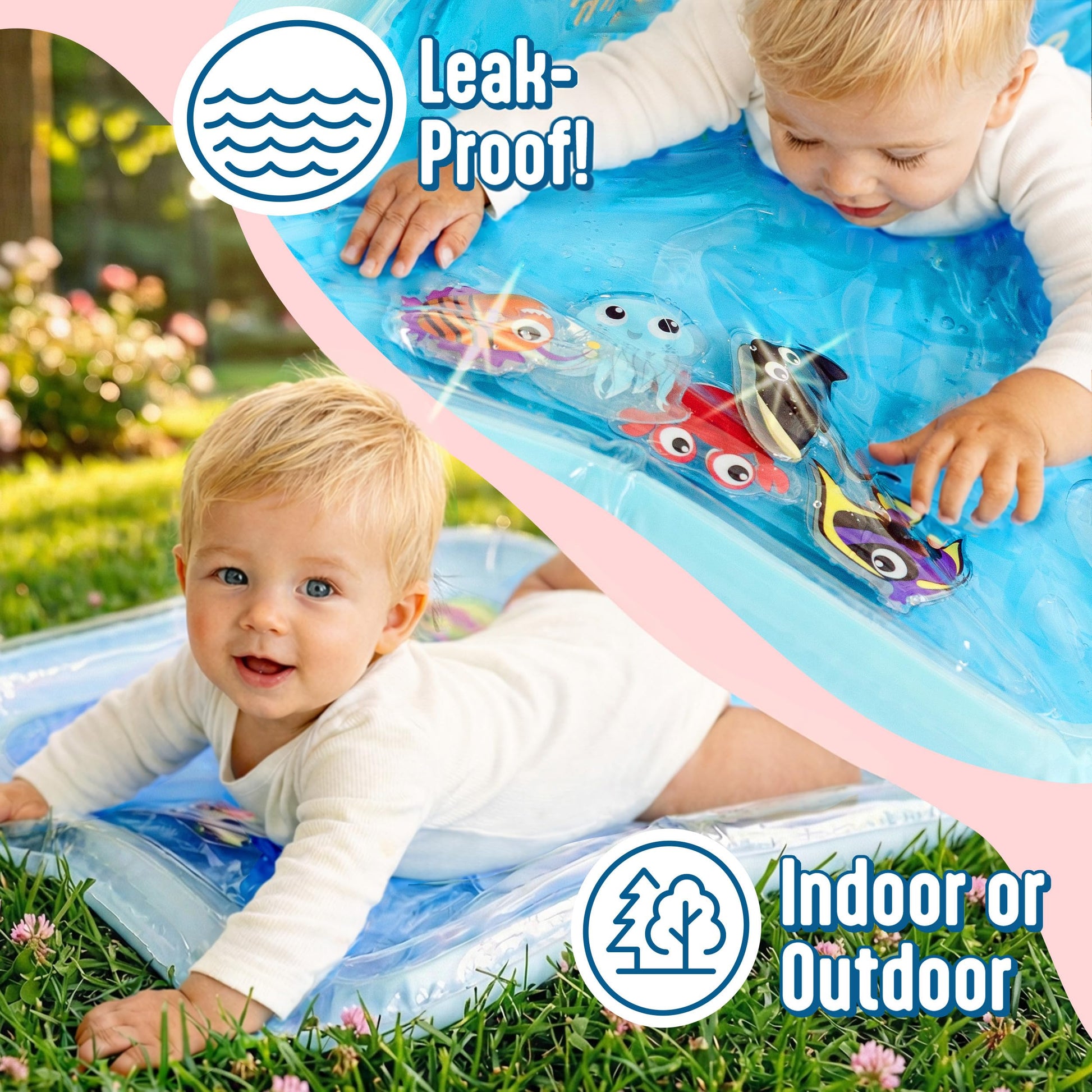 Infant reaching for toys in SplashEZ lights up water mat.