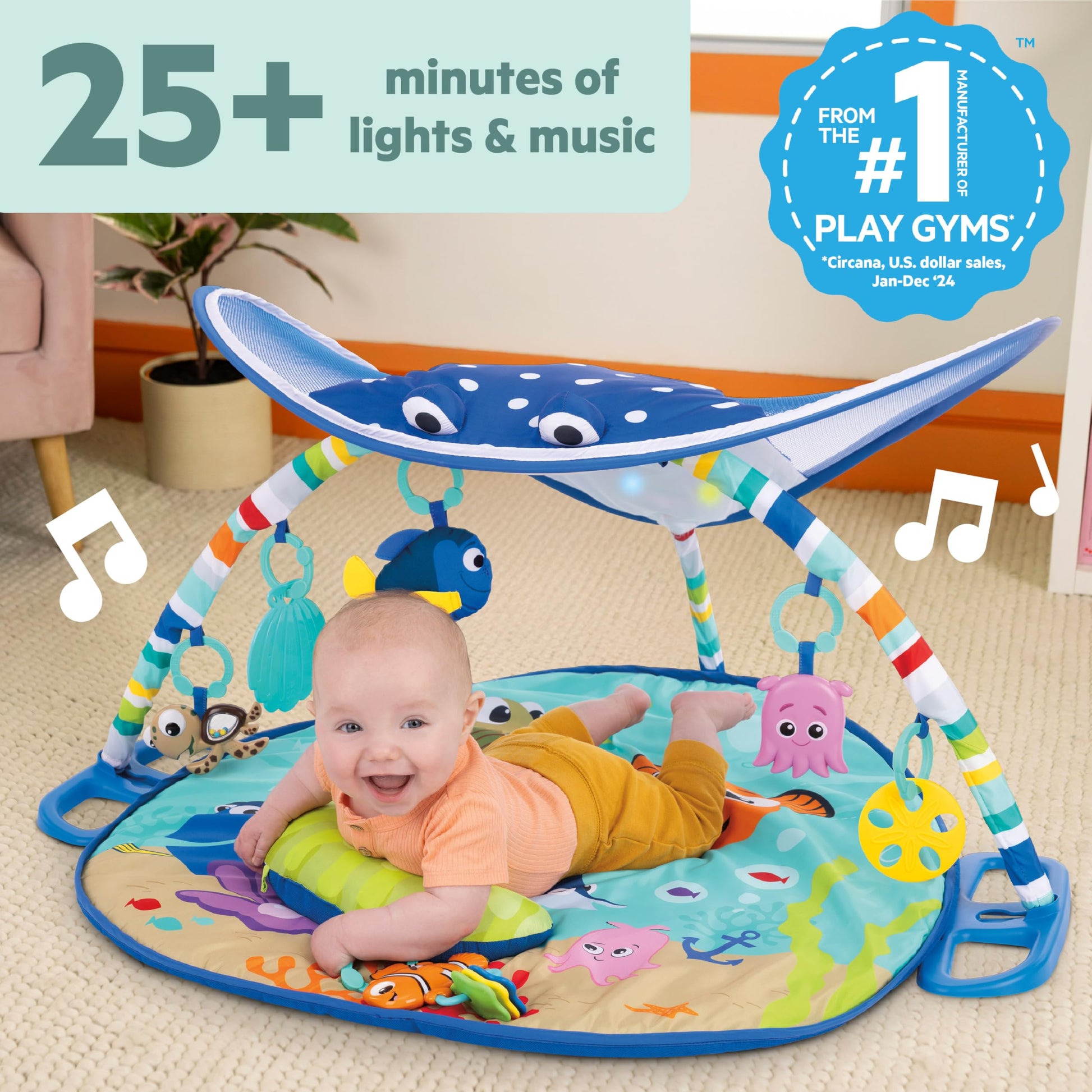 Dory finger puppet and detachable Finding Nemo character toys included with the Bright Starts newborn activity gym.