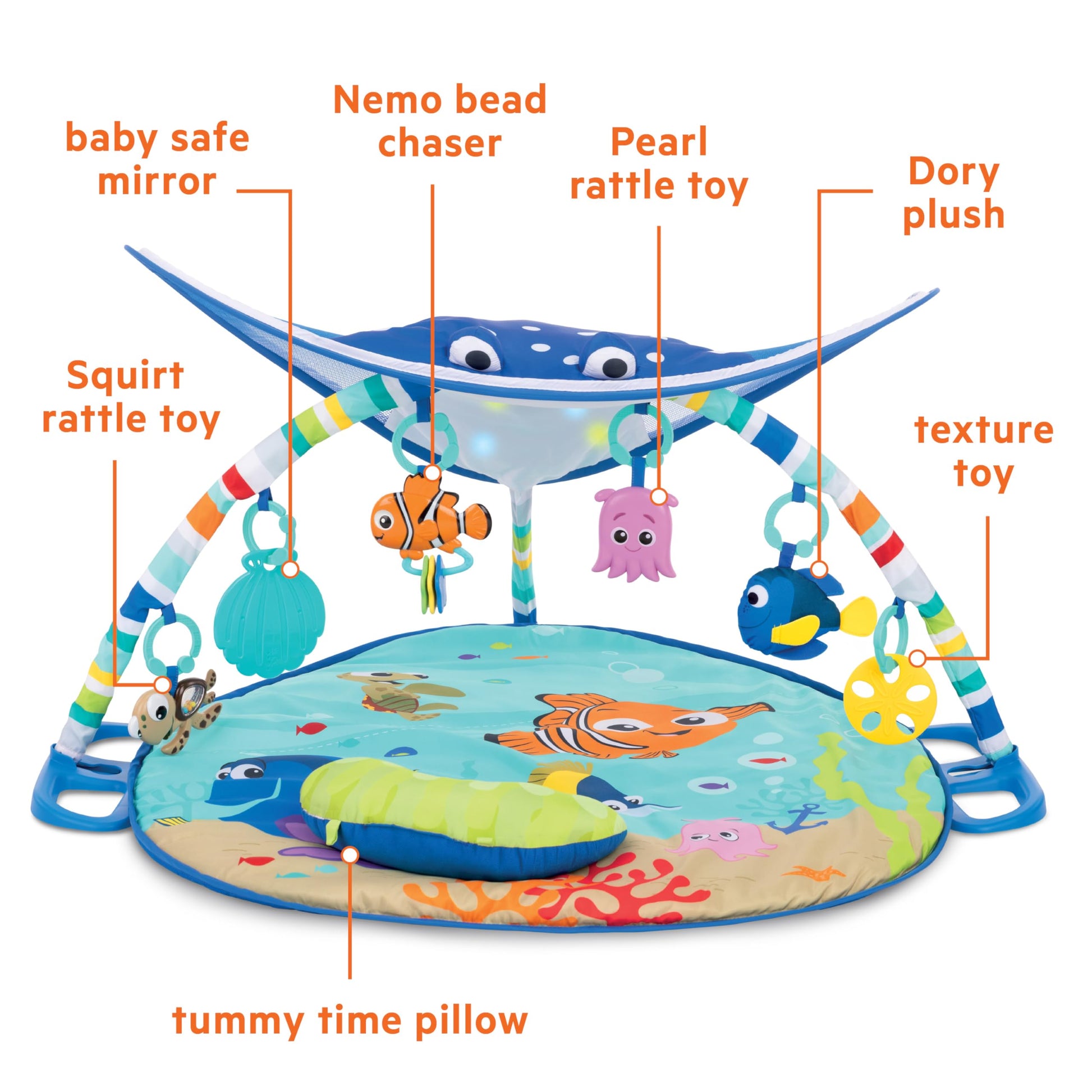 Bright Starts Disney Baby activity gym with arches attached demonstrating overhead view for newborns.