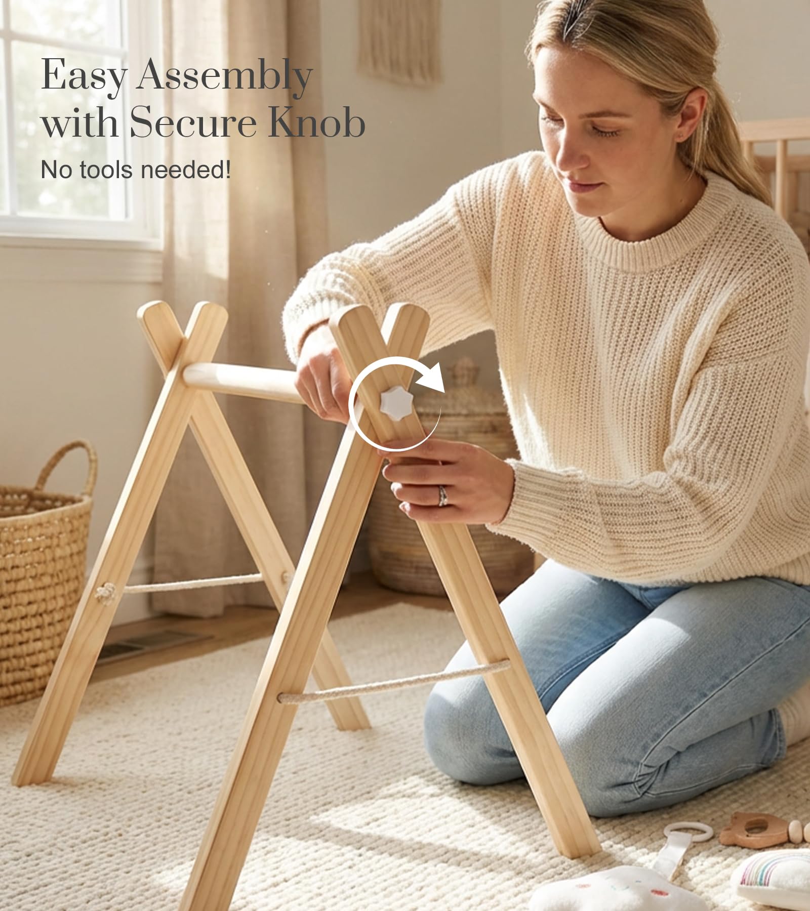 Side profile of the Mallify infant activity center highlighting the secure foldable design and smooth sanded finish.