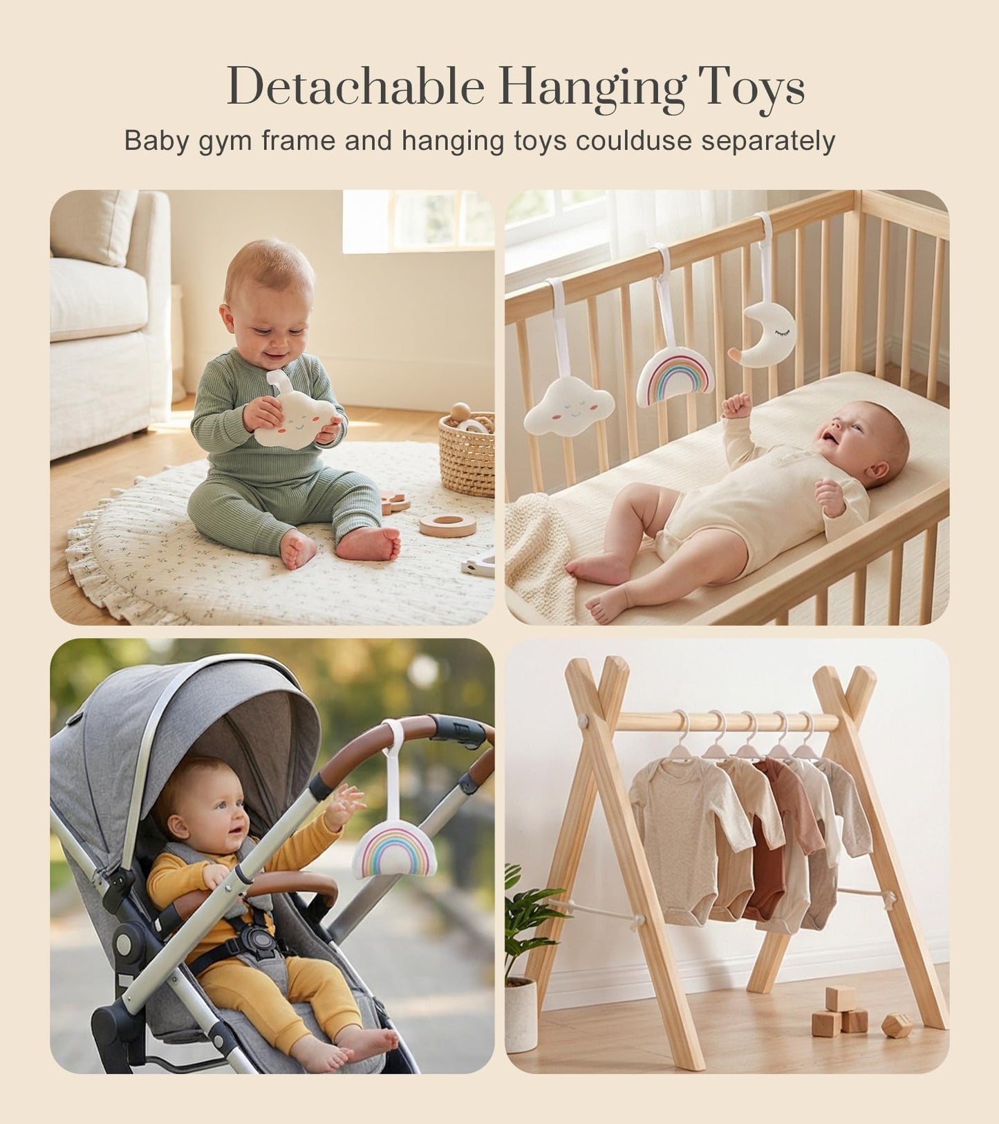 An infant enjoying tummy time underneath the modern Montessori style Mallify wooden baby play gym.