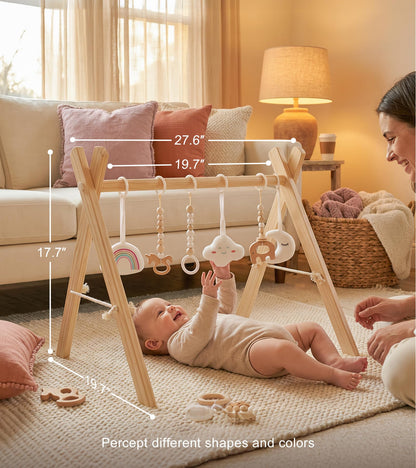 Detailed shot of the non toxic and odorless pine wood material used to construct the Mallify nursery activity bar.