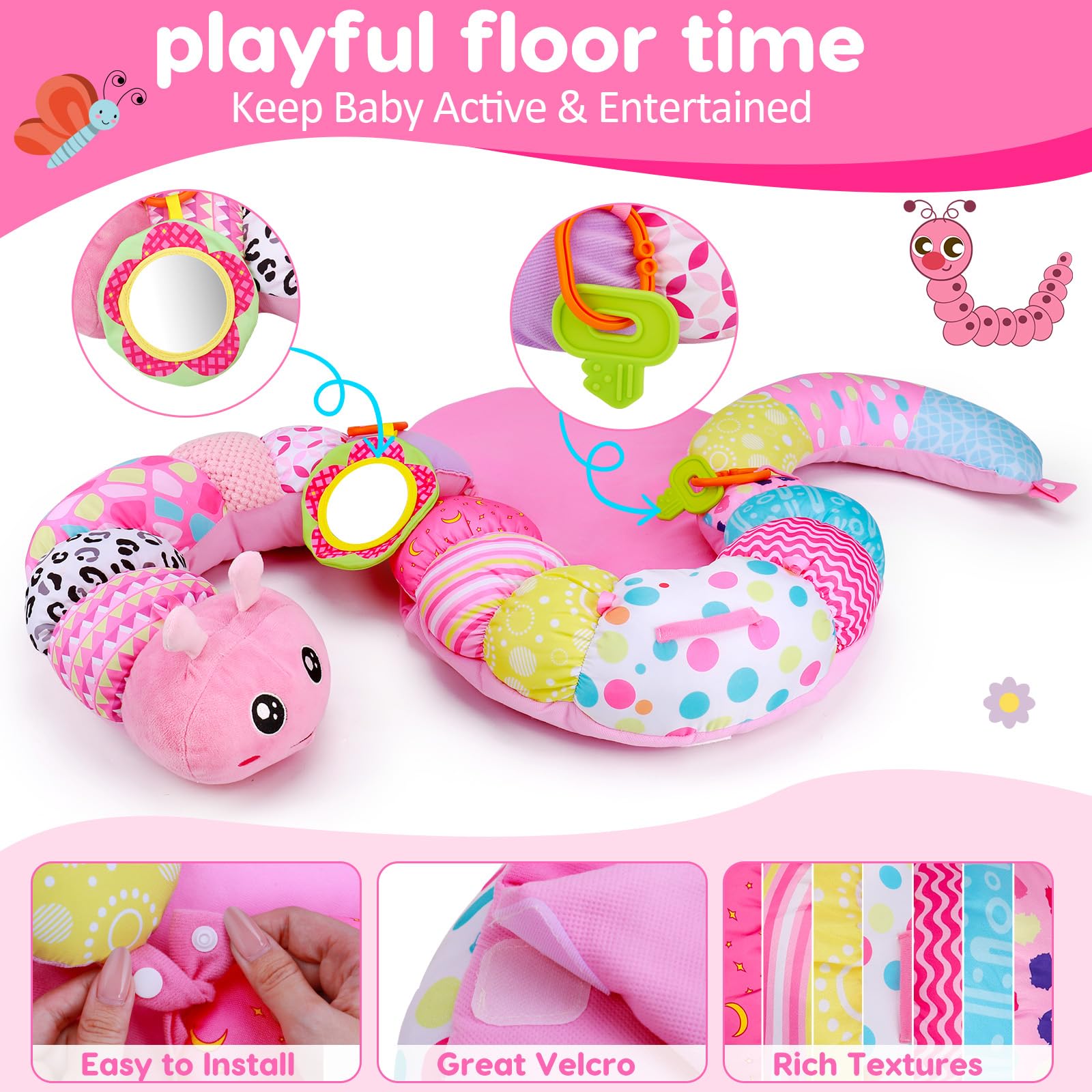 Infant using Topsochir 2-in-1 caterpillar pillow for tummy time