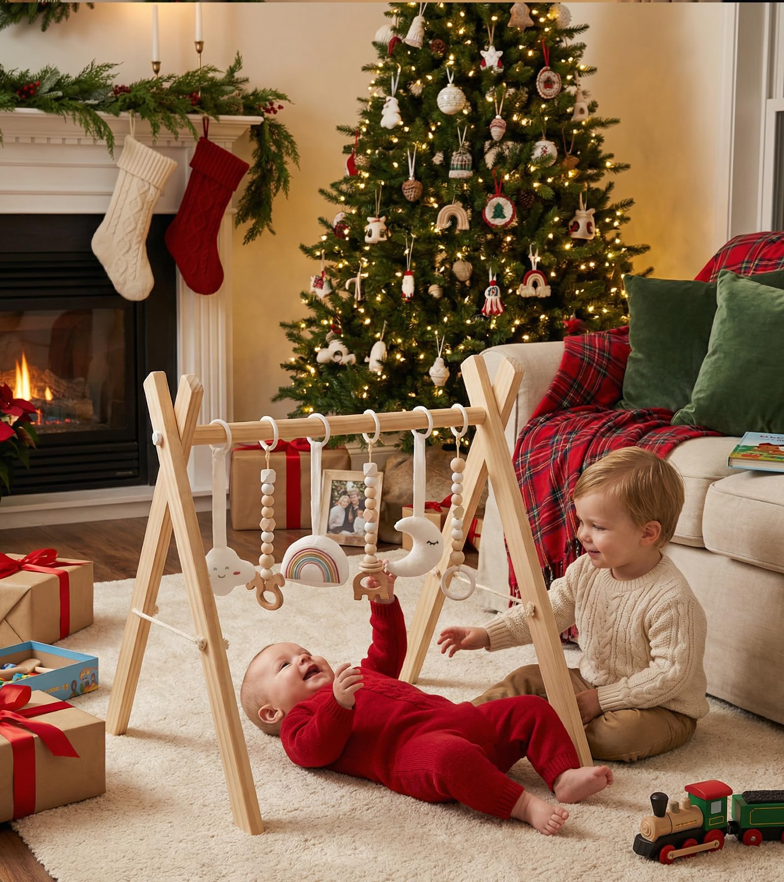 Mallify wooden baby gym with toys set up in a beautifully decorated contemporary home nursery environment.