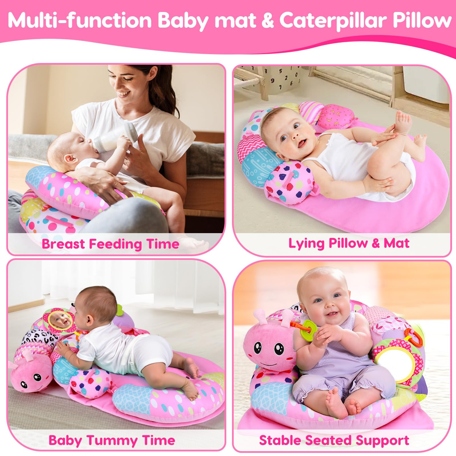 Baby sitting up with Topsochir support pillow and sensory toys