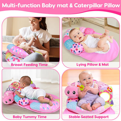 Baby sitting up with Topsochir support pillow and sensory toys