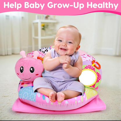 Close up of detachable mirror and sensory toys on caterpillar mat