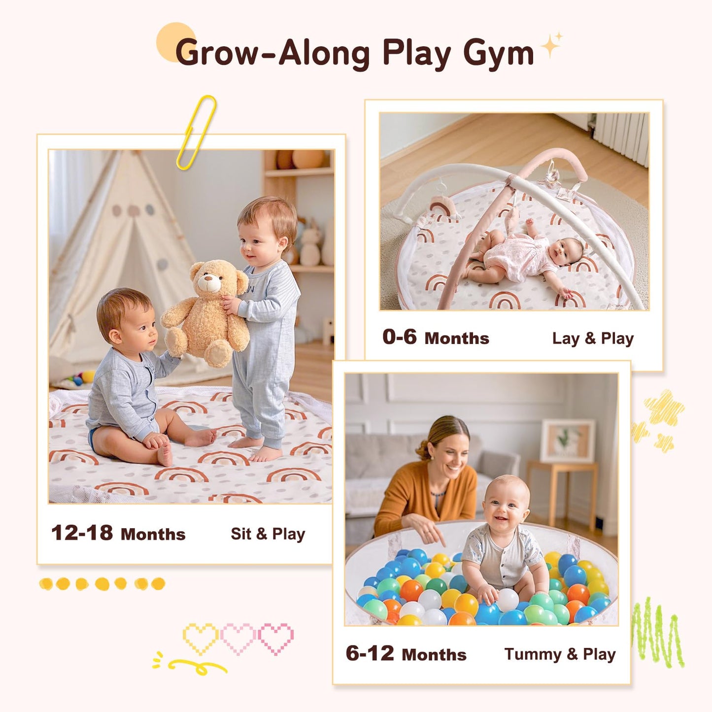Close up view of the five detachable sensory hanging rattles and toys included with the Mallify infant gym.