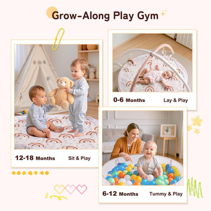 Close up view of the five detachable sensory hanging rattles and toys included with the Mallify infant gym.