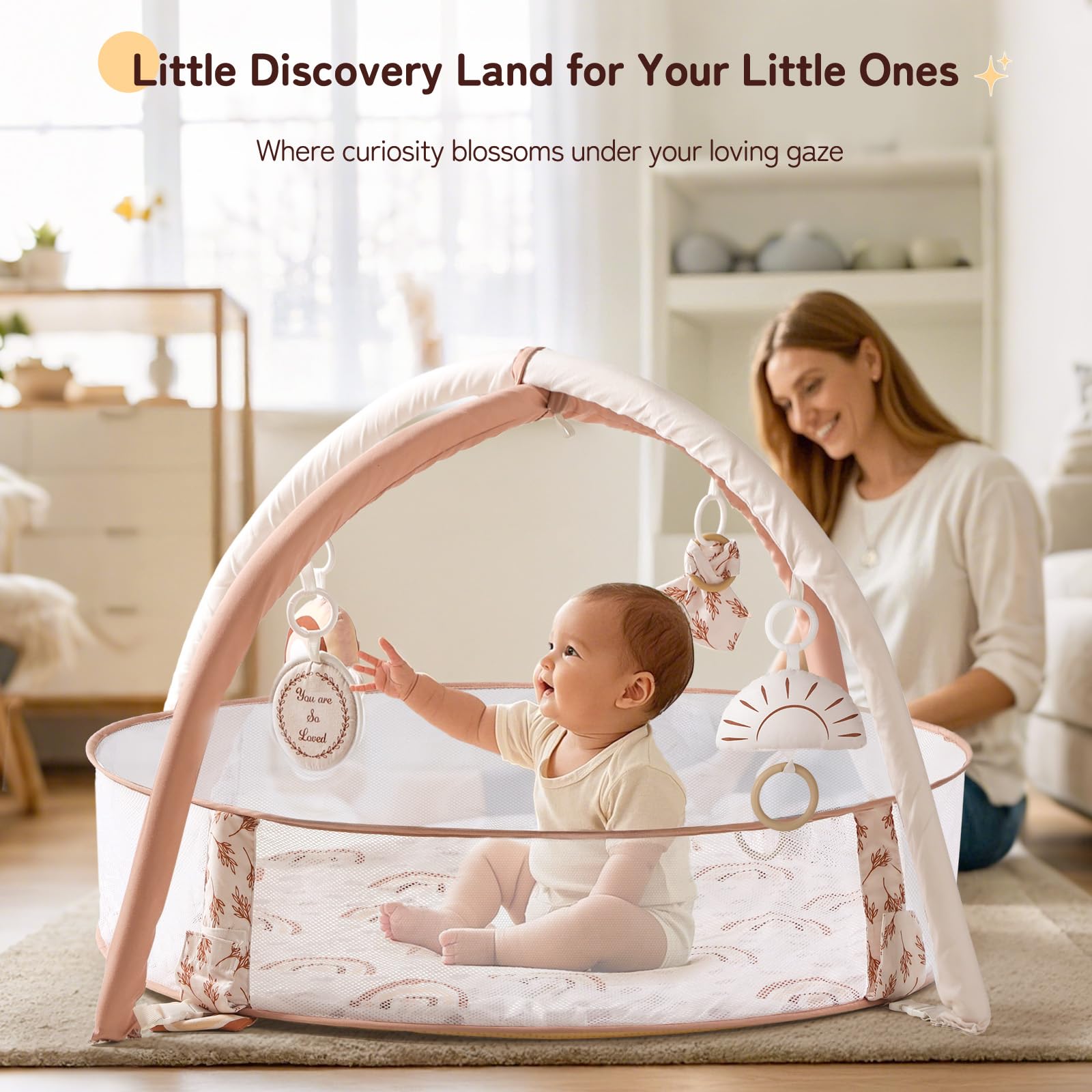 Mallify infant play mat configured for tummy time with the included moon shaped support pillow in place.