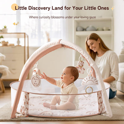 Mallify infant play mat configured for tummy time with the included moon shaped support pillow in place.