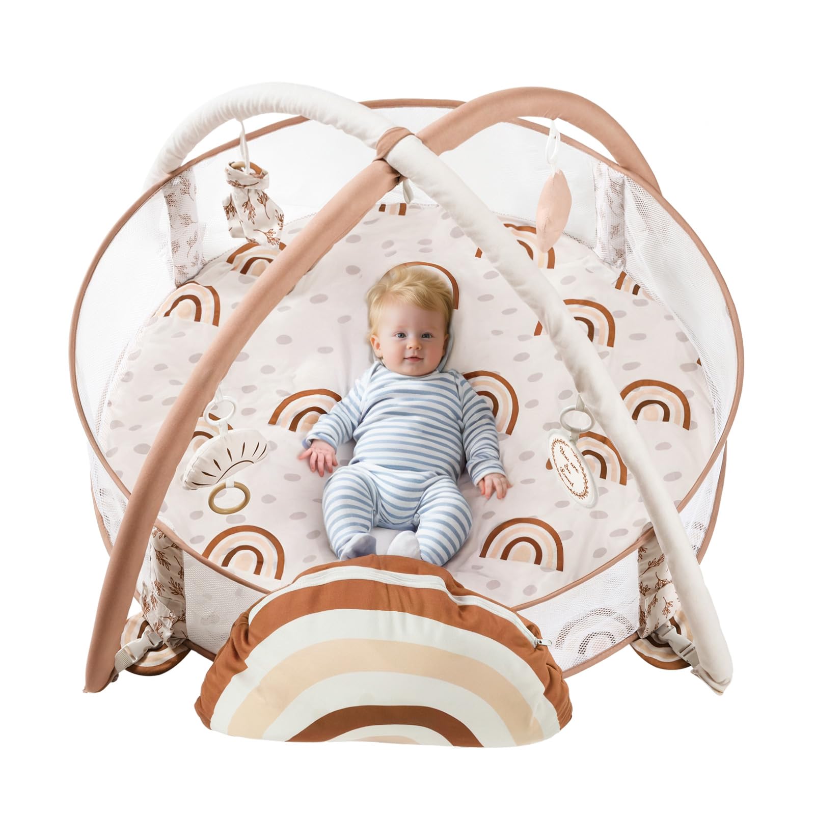 Detailed close up of the secure corner fasteners and quick assembly poles on the Mallify baby gym nest.