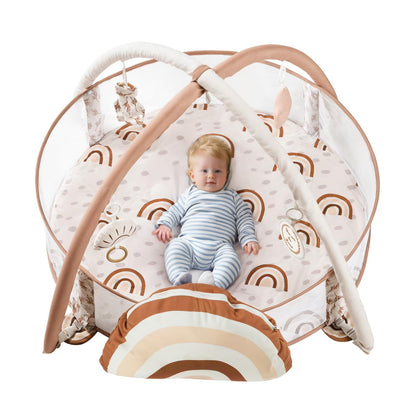 Detailed close up of the secure corner fasteners and quick assembly poles on the Mallify baby gym nest.