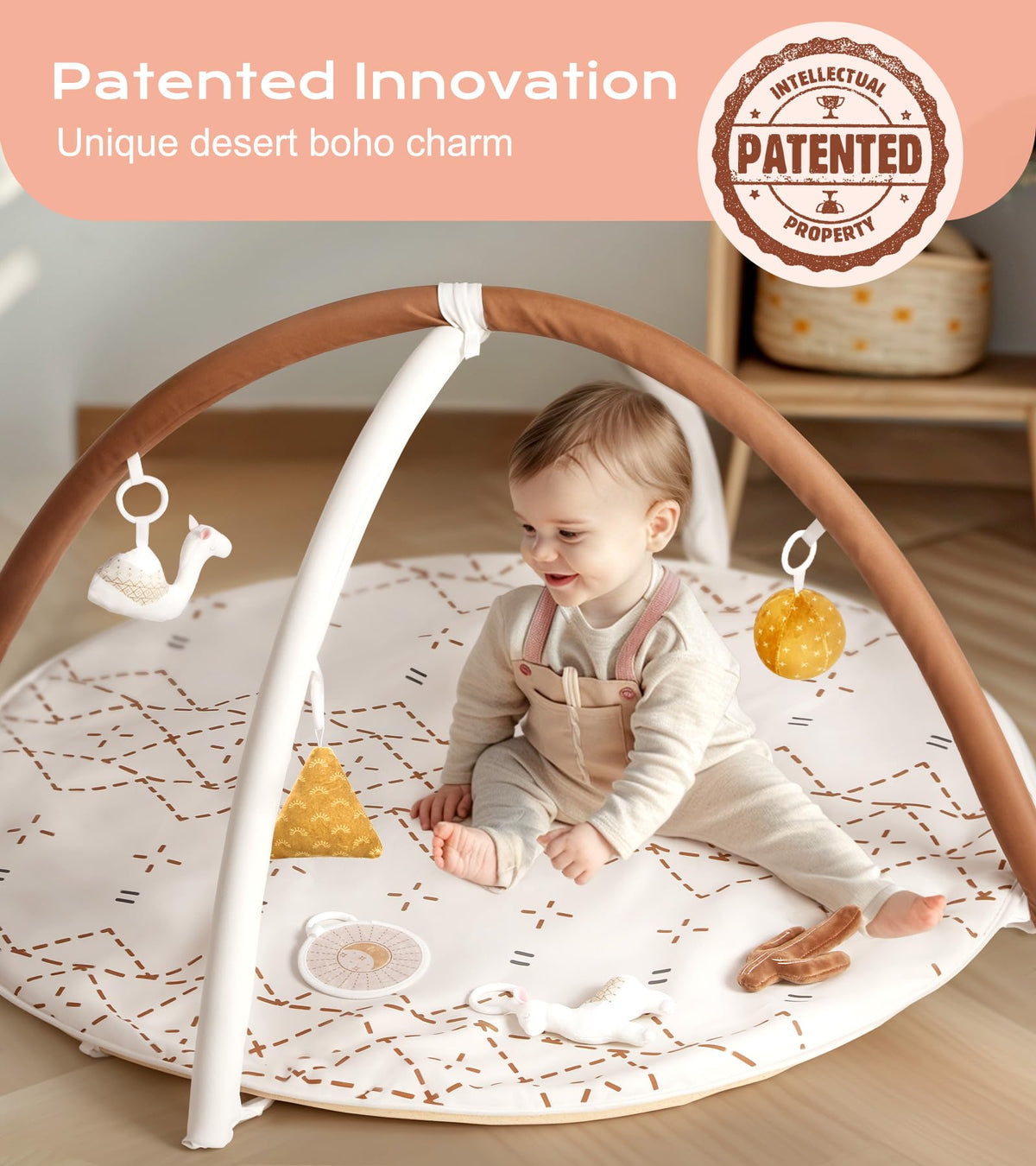 Little Dove Tummy Time Activity Mat showing geometric padded base and neutral khaki motif