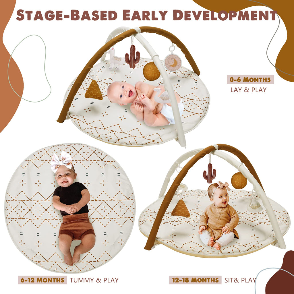 Little Dove macrame play mat featuring llama and cactus hanging toys
