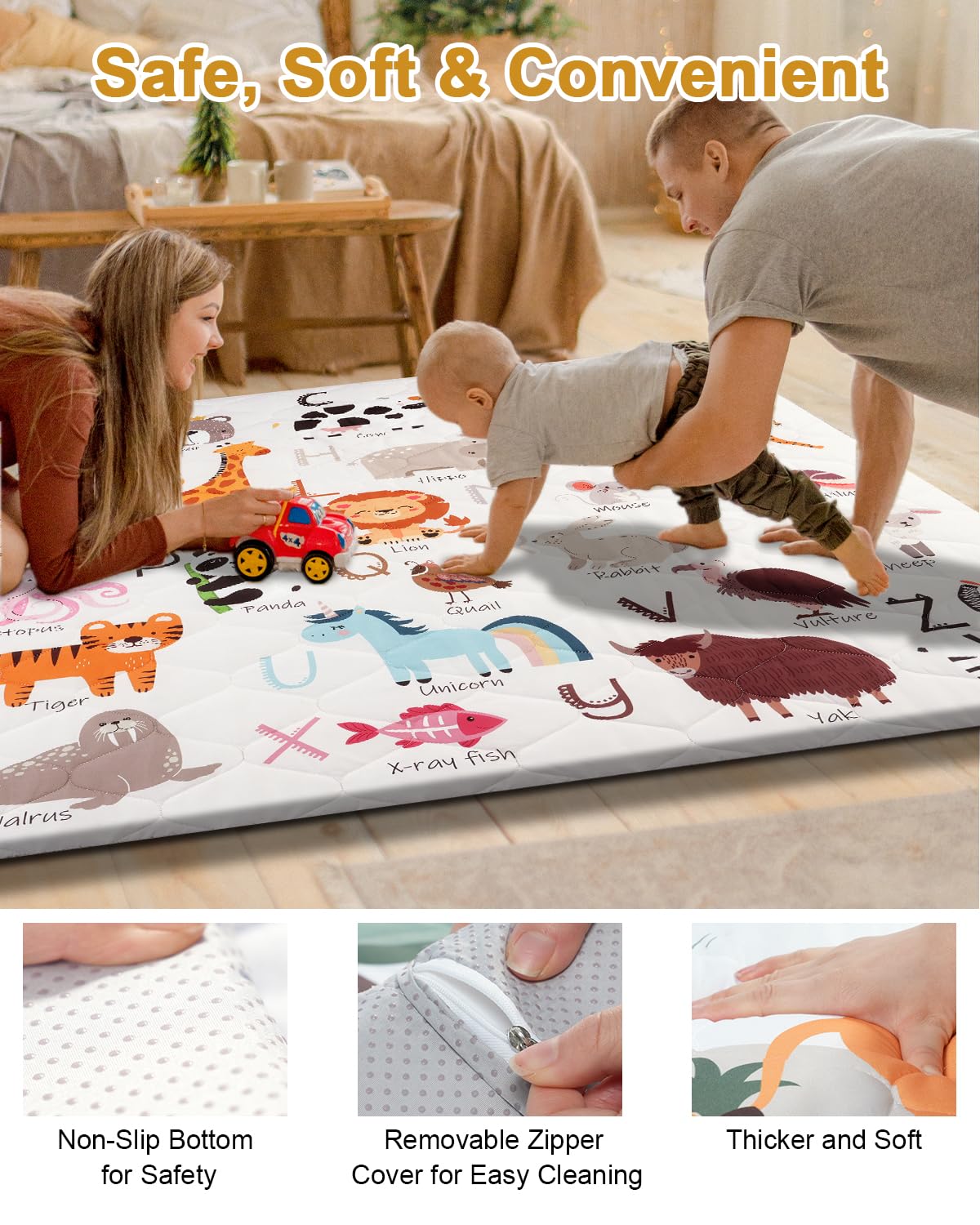 Removable machine washable cover on baby play mat