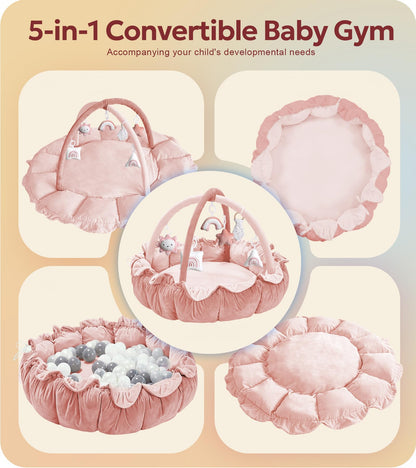 Mallify infant activity center converted into an open flat cotton tummy time mat.