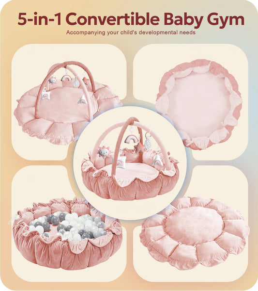 Mallify infant activity center converted into an open flat cotton tummy time mat.