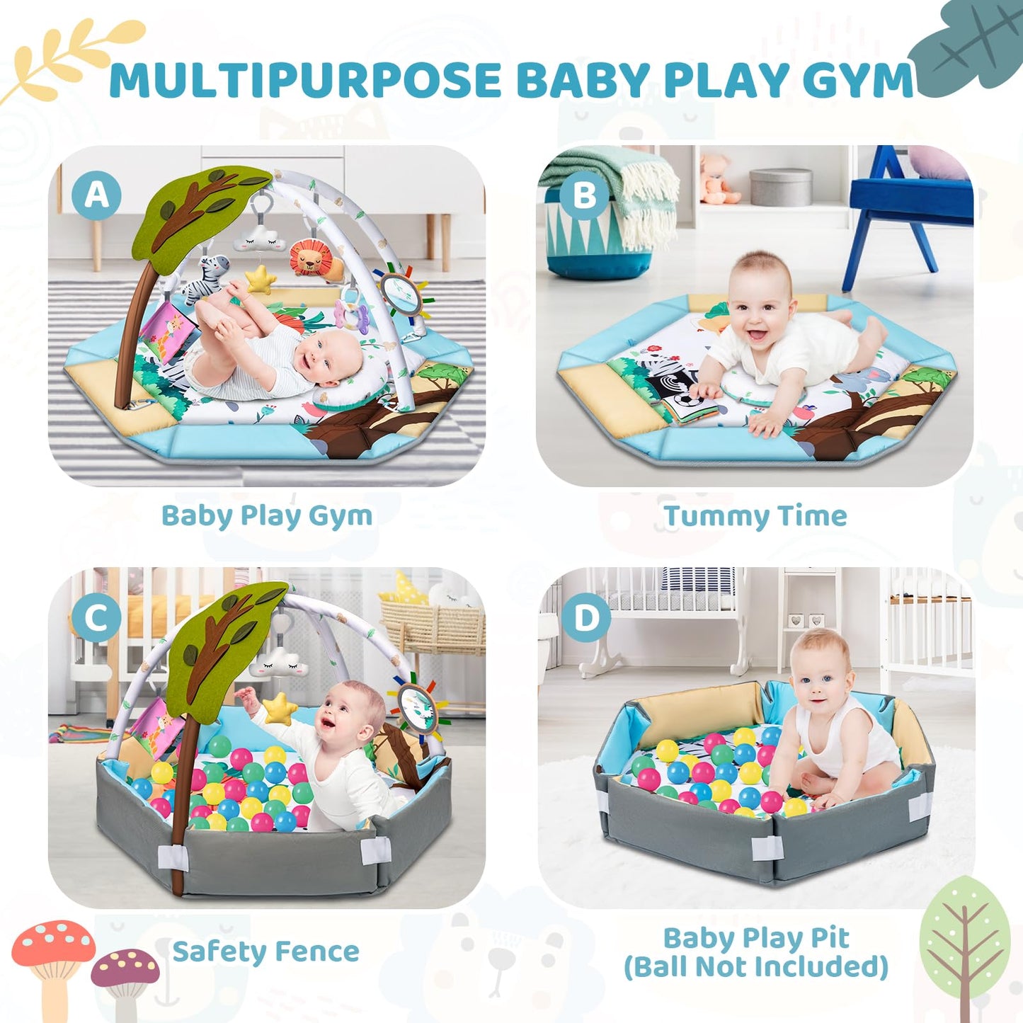 Baby using the Jyusmile tummy time moon pillow on the play mat.