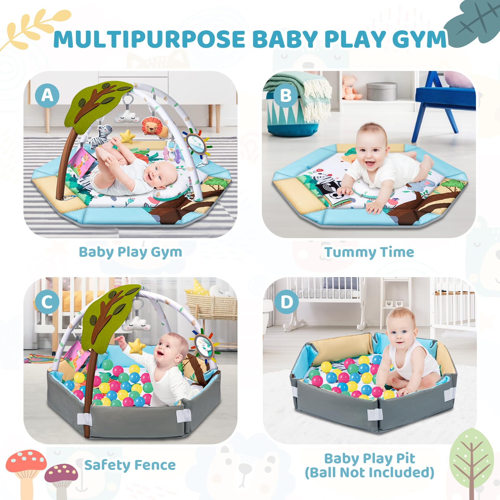 Baby using the Jyusmile tummy time moon pillow on the play mat.