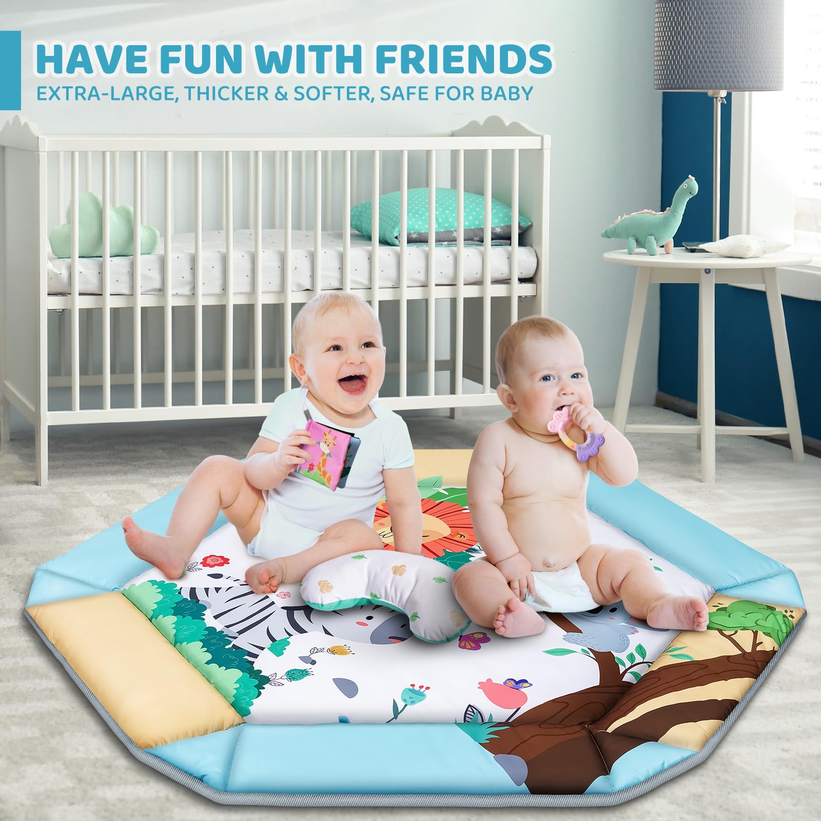 Close up of detachable cognitive fabric book and sensory toys.