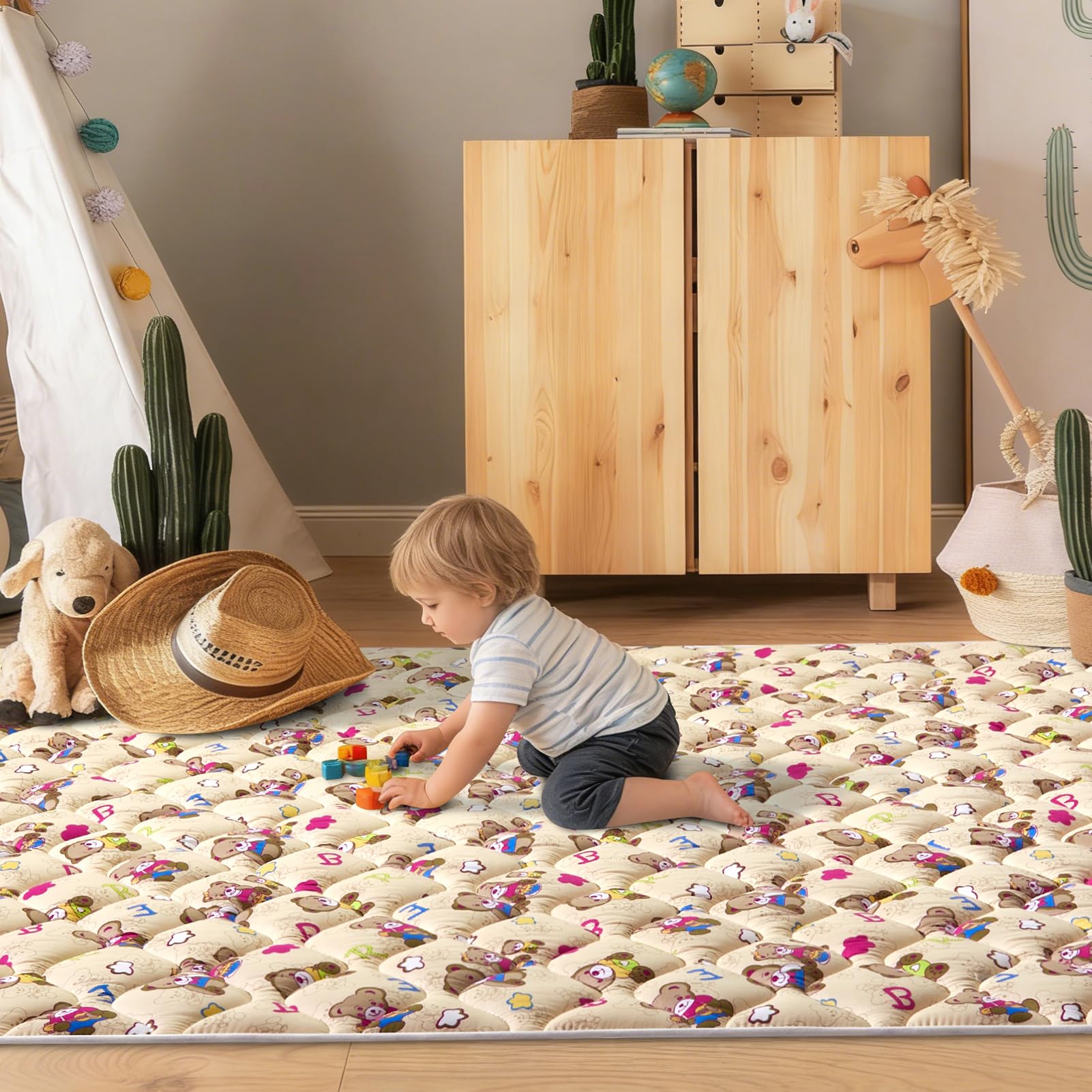 Machine washable baby play mat in living room setting
