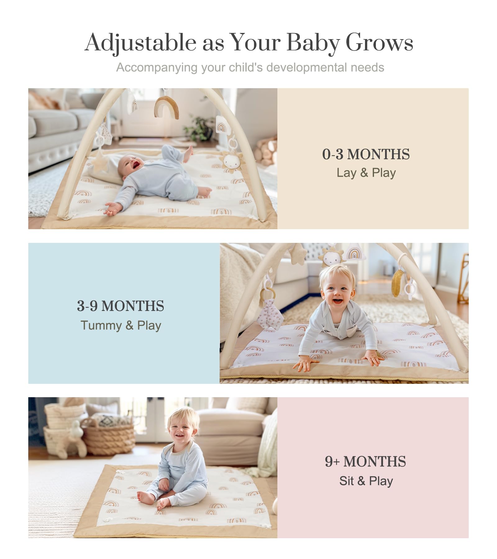 Close up view of the six removable sensory hanging toys included with the Mallify baby gym.