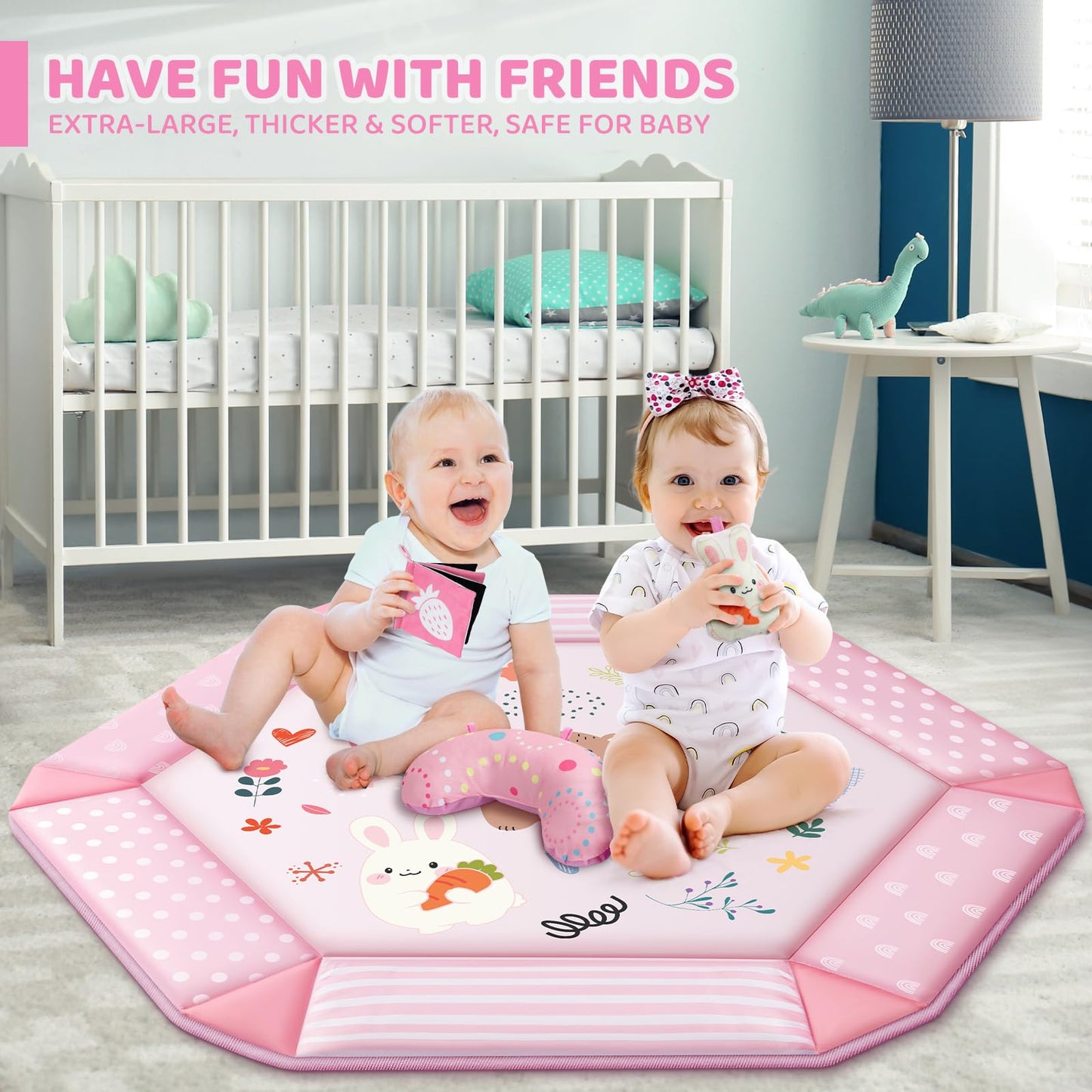 Close up of hanging developmental toys on baby play gym